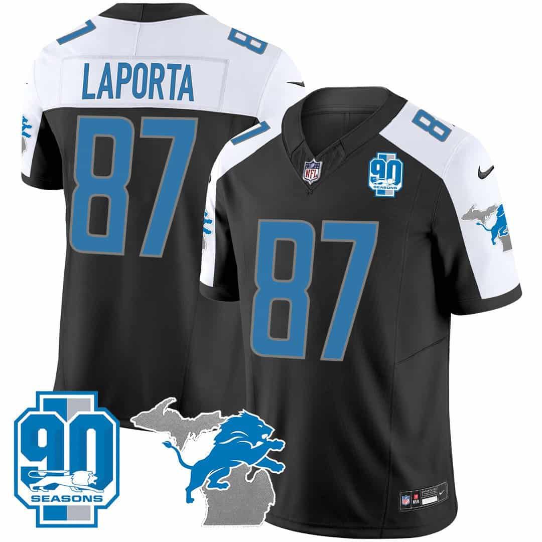 Men Detroit Lions 87 Laporta Black 2024 Nike 90th Year Michigan Patch Vapor NFL Jersey